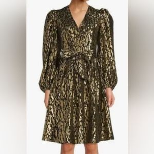 Gibson Latimer Gold Metallic Dress Midi Long Sleeve Holiday Party NYE Cocktail